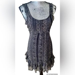 Billabong Black Aztec Print Sleeveless Dress Ruffled Sleeves and Hem Sz S #90s